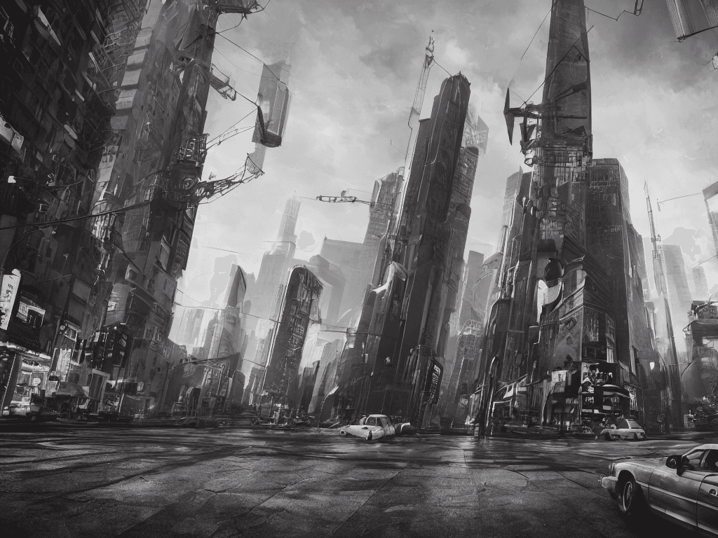 AI generated: city street view with an tall antenna tower in the middle , Street view, Portait, dramatic light, sc...