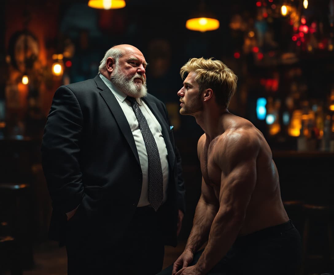 AI generated: high-resolution photo of a fat old man standing, wearing suit and tie,
an extremely muscular, handso...
