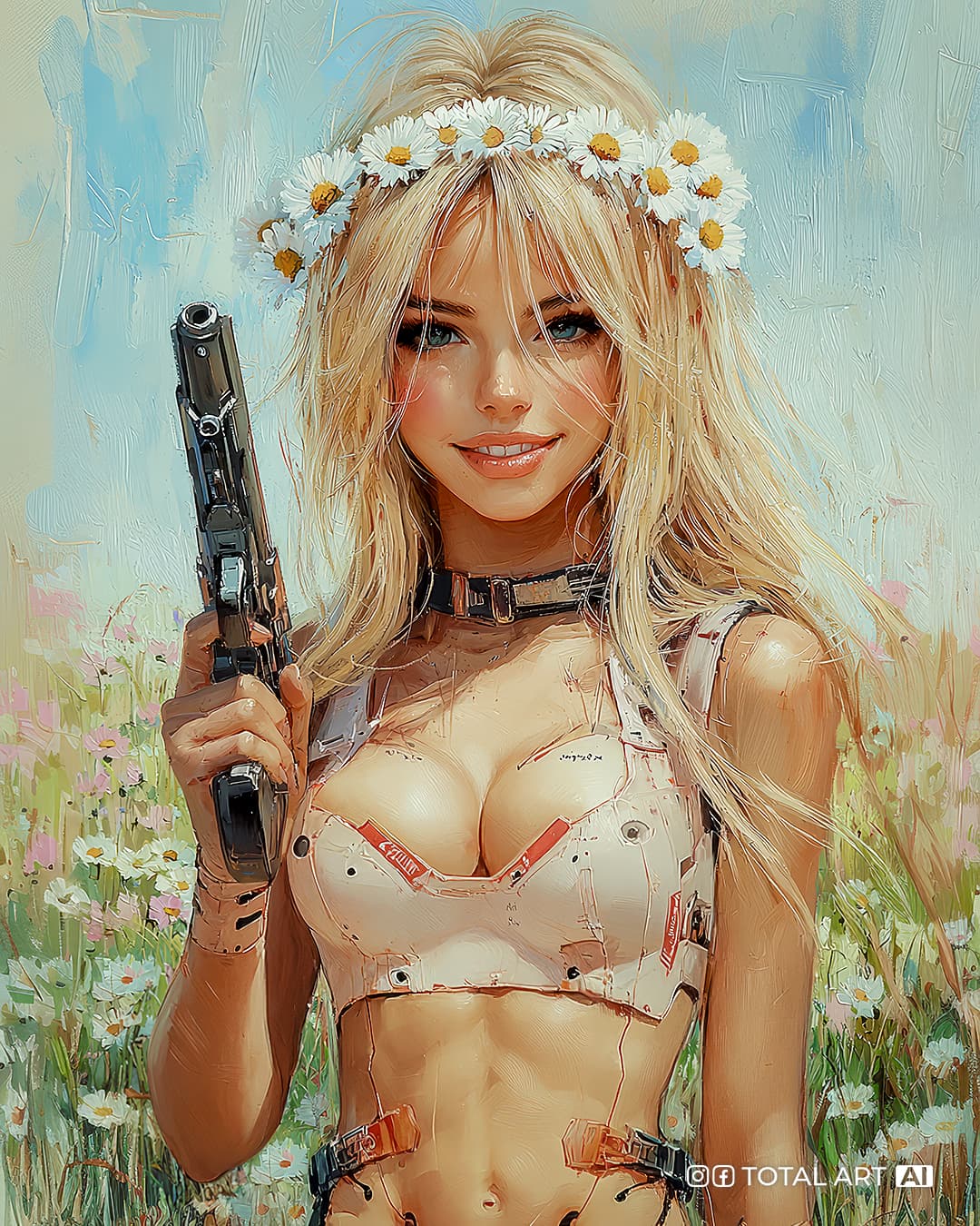 AI generated: Oil painting by Jose Royo, half body shot of beautiful young female cyborg with long blonde soft cur...