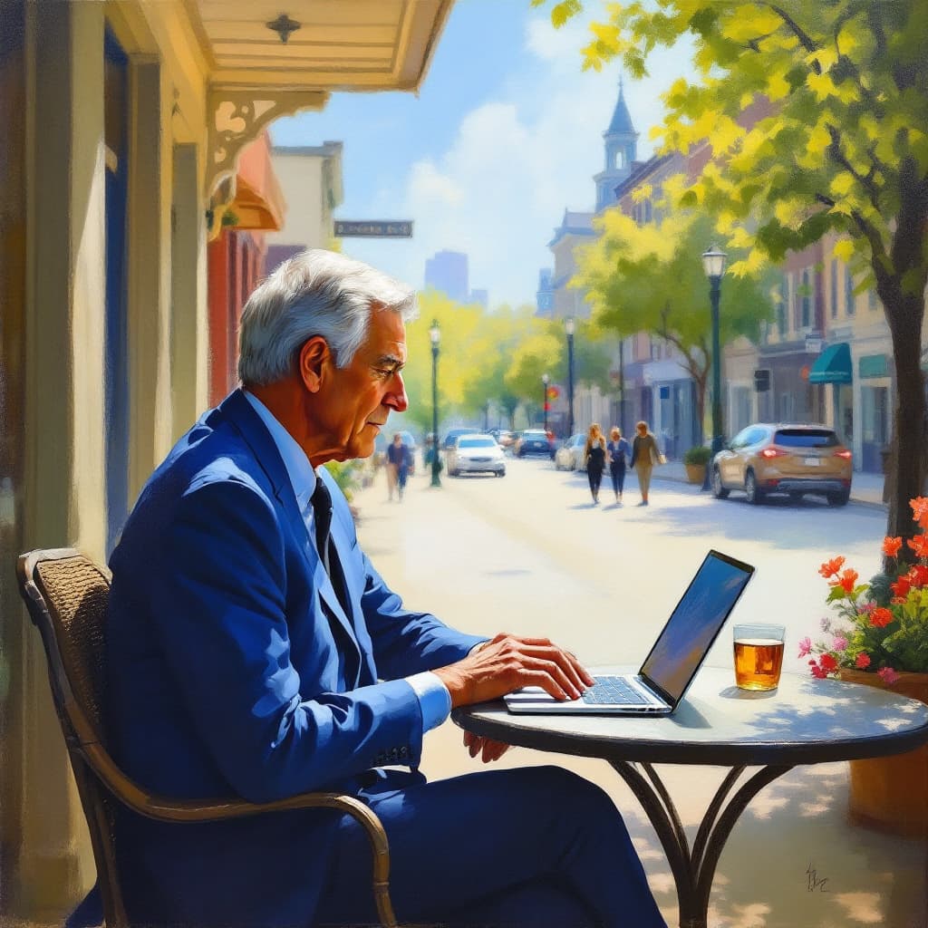 AI generated: oil painting on canvas of a handsome 80-year-old architect in a blue suit sitting at a table outside...
