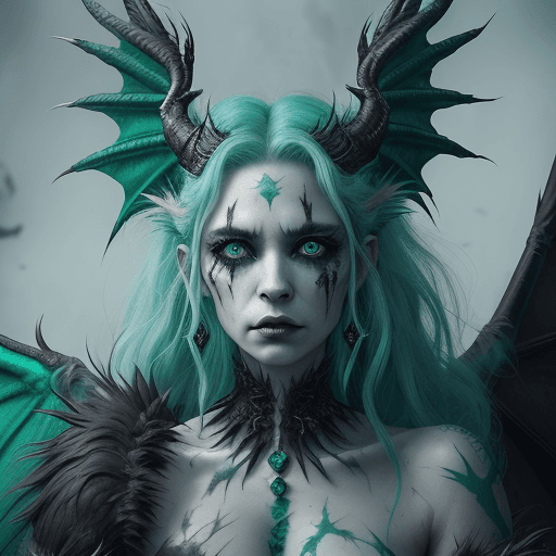 AI generated: A portrait poster of a female dragon queen. slight cyan/green cast, tears of blood, fantasy landscap...