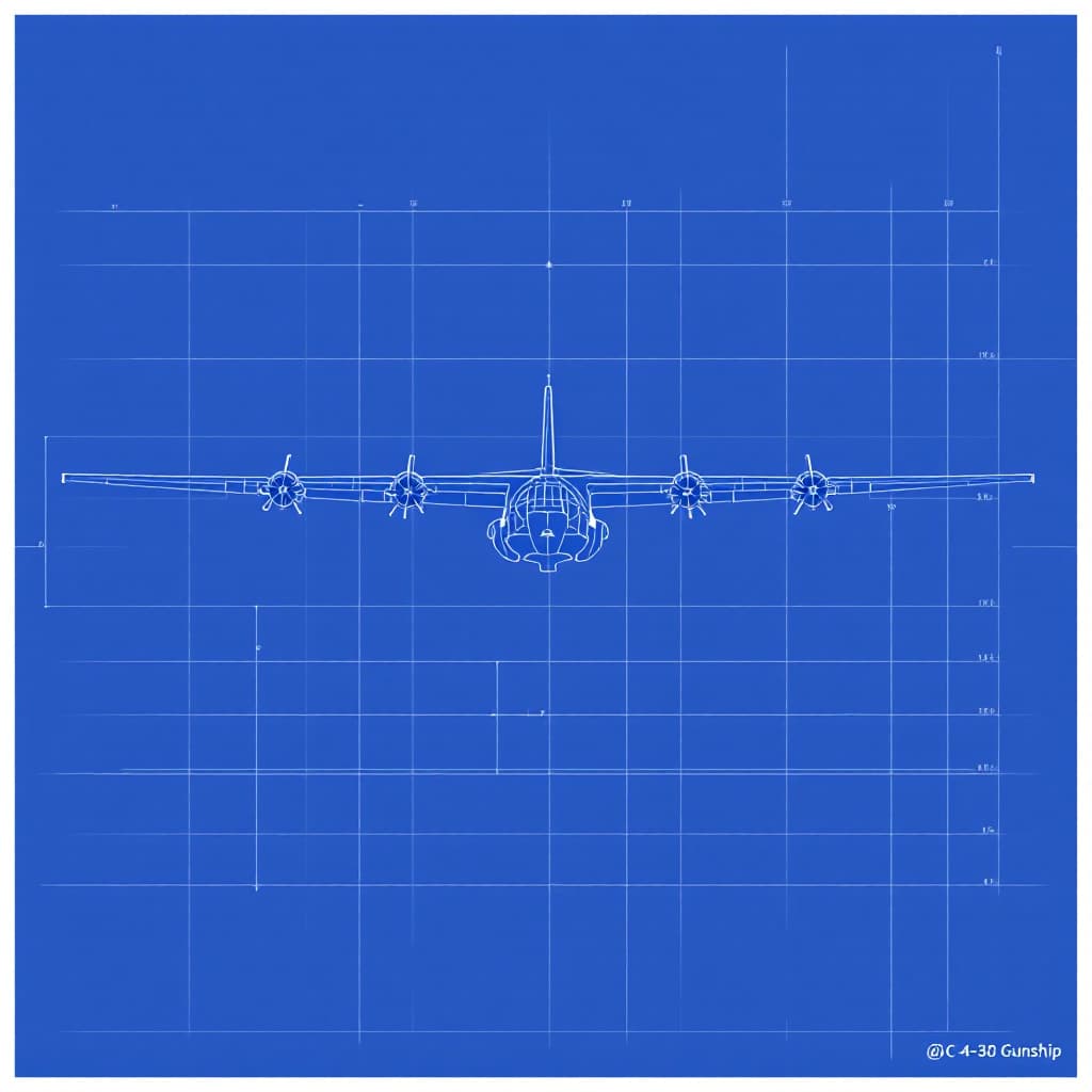 AI generated: 15.	“A blueprint for an AC-130 Gunship, high-res, blueprint grid as background”