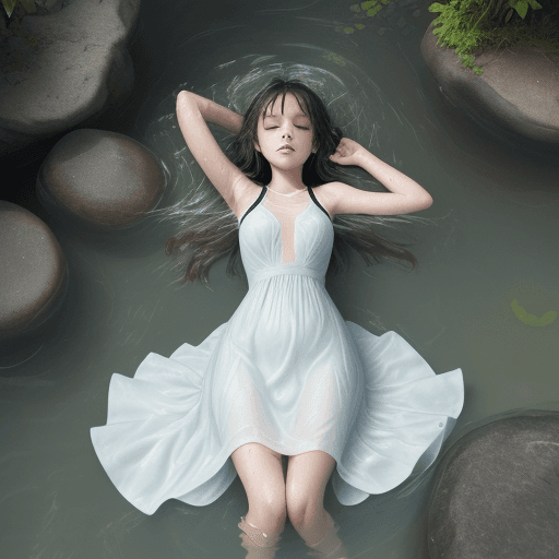 AI generated: above shot, girl sleep in water river, her body Sink into the water, There is only the face above th...