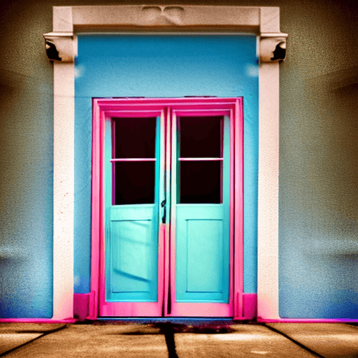 AI generated: a pink window in a light blue globe. surreal. color splash art with the door.