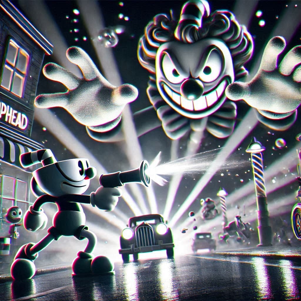 AI generated: villano de cuphead disparando con sus poderes vs el payaso boss gameplay 3d render, fondo desenfocad...