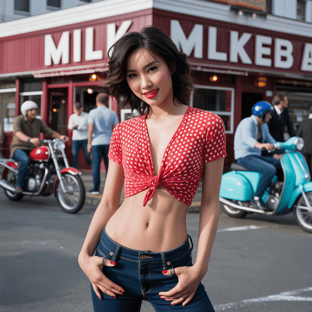 AI generated: a stunning japanese model wearing tigh jeans showing her toned legs she has high heels that are red ...