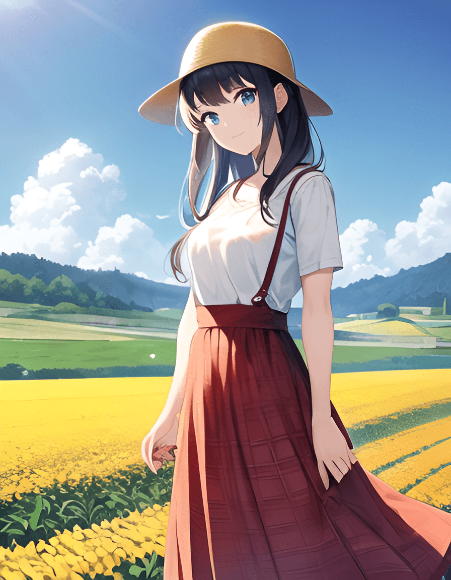 AI generated: outdoors, 20 years old, perfect anime quality, beautiful scenery, perfect face, farmer, crops, cornf...