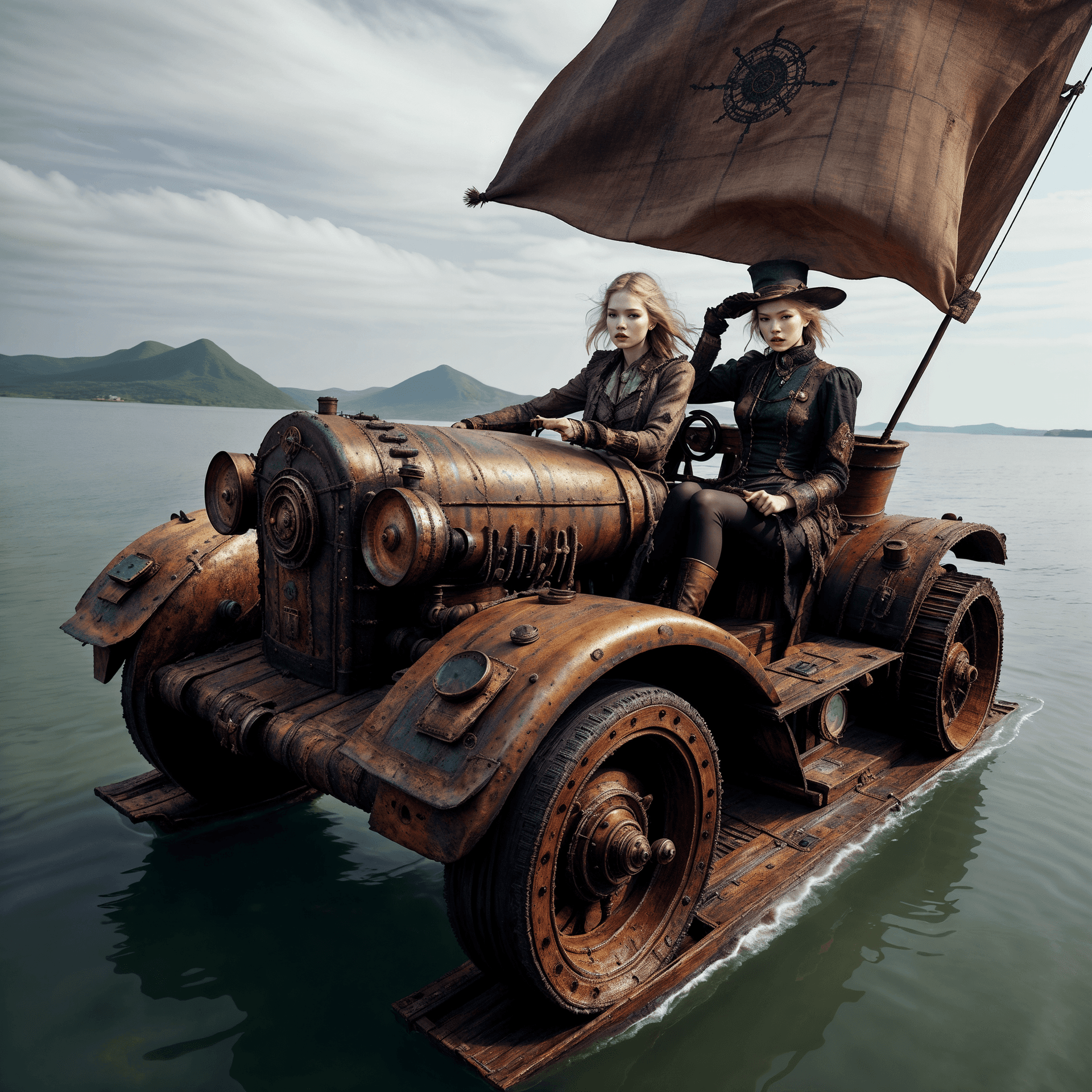 AI generated: hdr film still lifelike textures,uhd, cinematic still of a photo of Sasha Luss driving a self-propel...