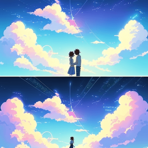 AI generated: draw a scene of a couple in the sky. style of your name anime. Background with clouds and lights. Co...