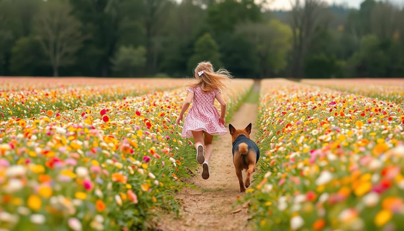 AI generated: a field of flowers and a beautiful girl is running in it while her dog trails behind her