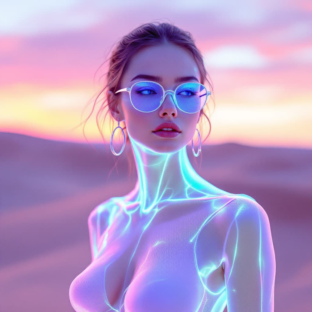 AI generated: A digital art piece of an pertty female model in a glowing, translucent, fluorescent, ethereal style...