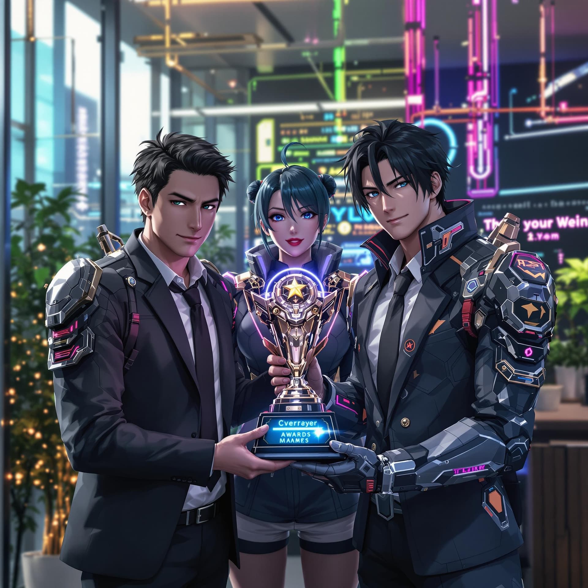 AI generated: Business team wining award for their latest product cyber punk anime