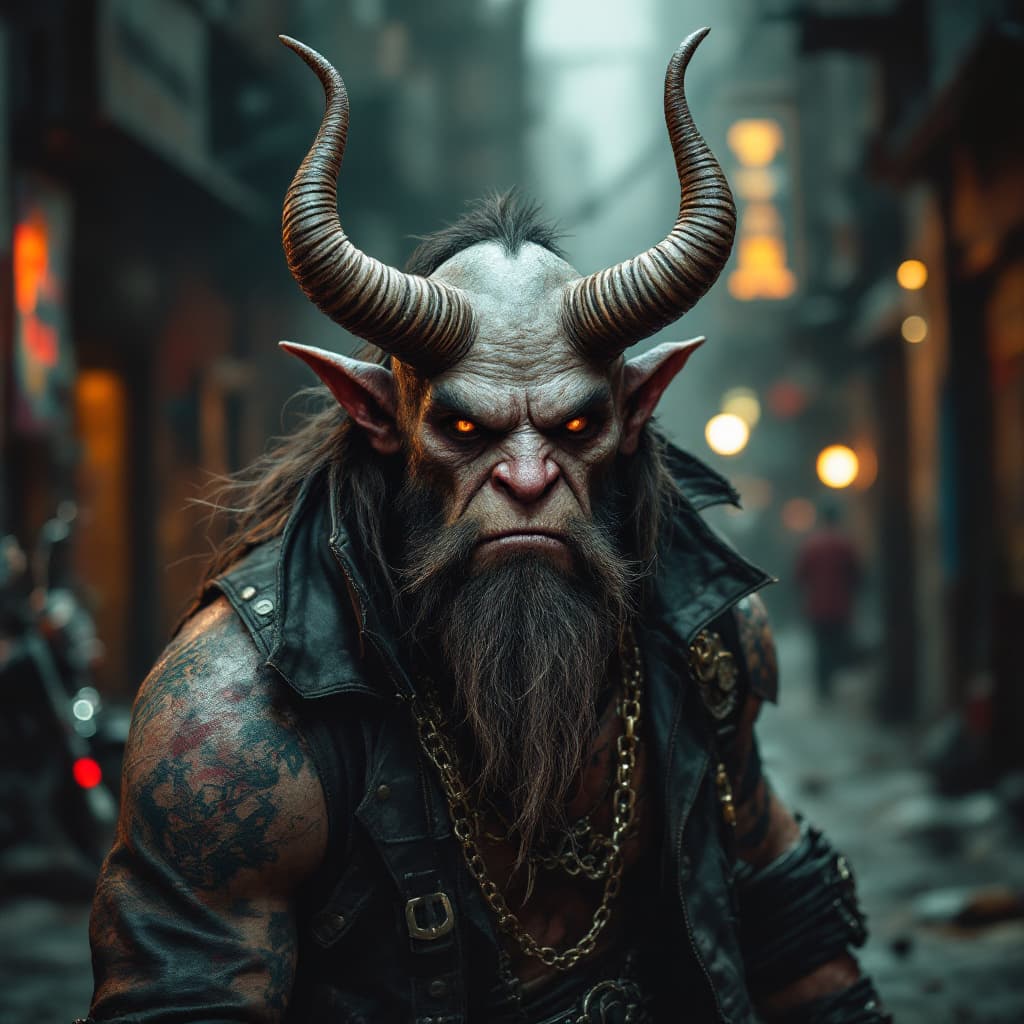 AI generated: photo of a ogre with small horns, biker club member, biker cloth, cyberpunk slums background