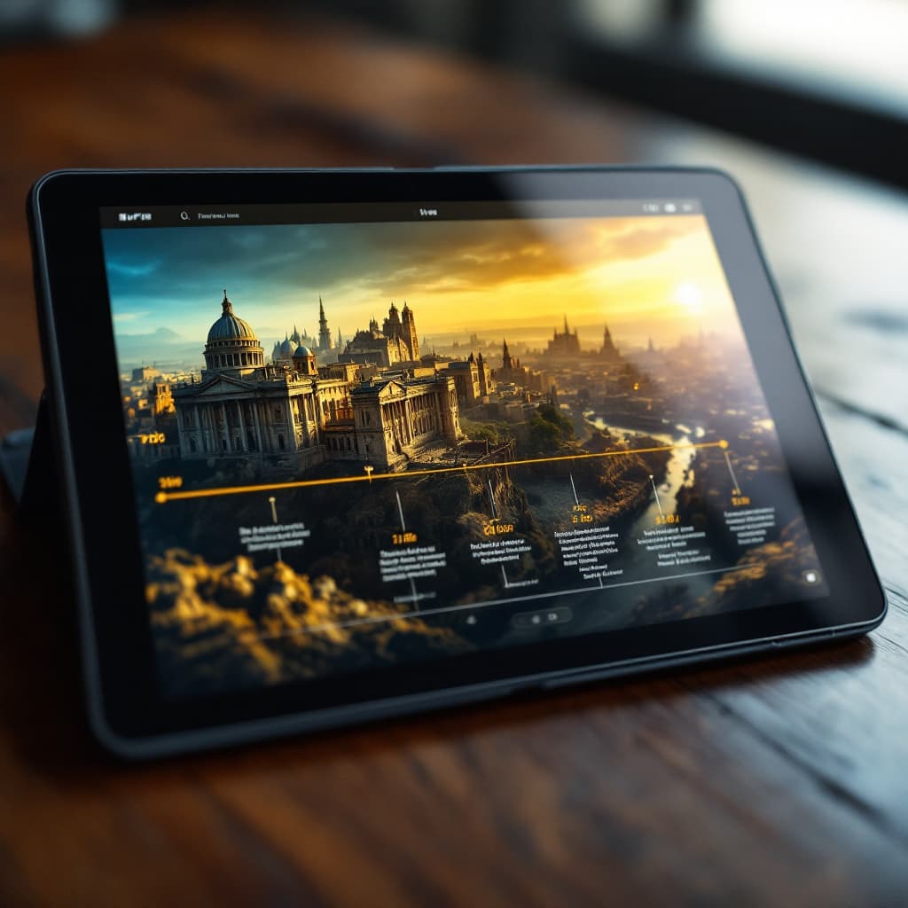 AI generated: A timeline of historical events on a tablet screen. dslr, ultra quality, sharp focus, tack sharp, do...