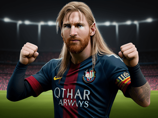 AI generated: Messi doing the classic Thor pose on the pitch, in the style of the Stars Art Group, photorealistic ...