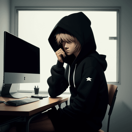 AI generated: Create character with hoodie , sitting on chair at desk in a dimly lit room, looking at pc screen, s...