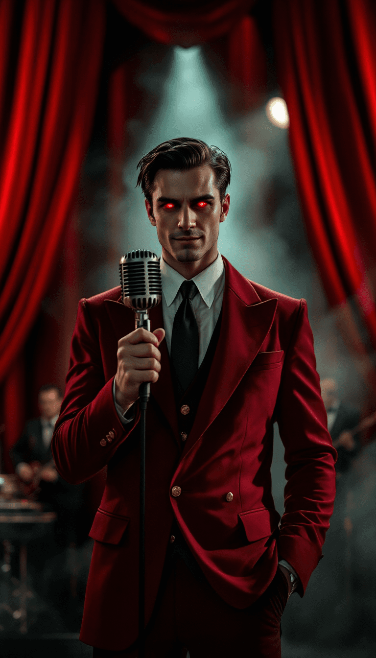 AI generated: A dashing male ringmaster stands confidently at the center of a 1920s-style stage with a vintage mic...