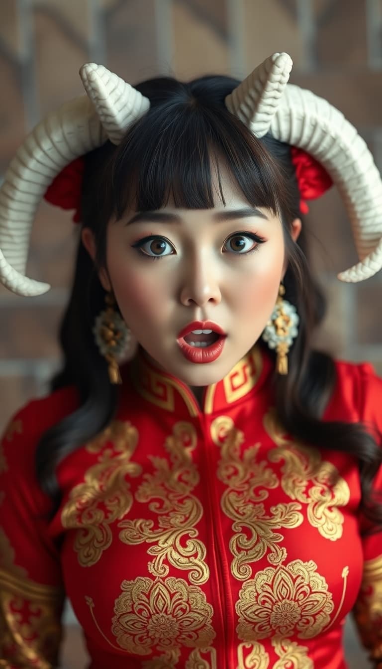 AI generated: A woman in a red and gold Chinese-style dress with large white horns on her head. surprised, shocked...