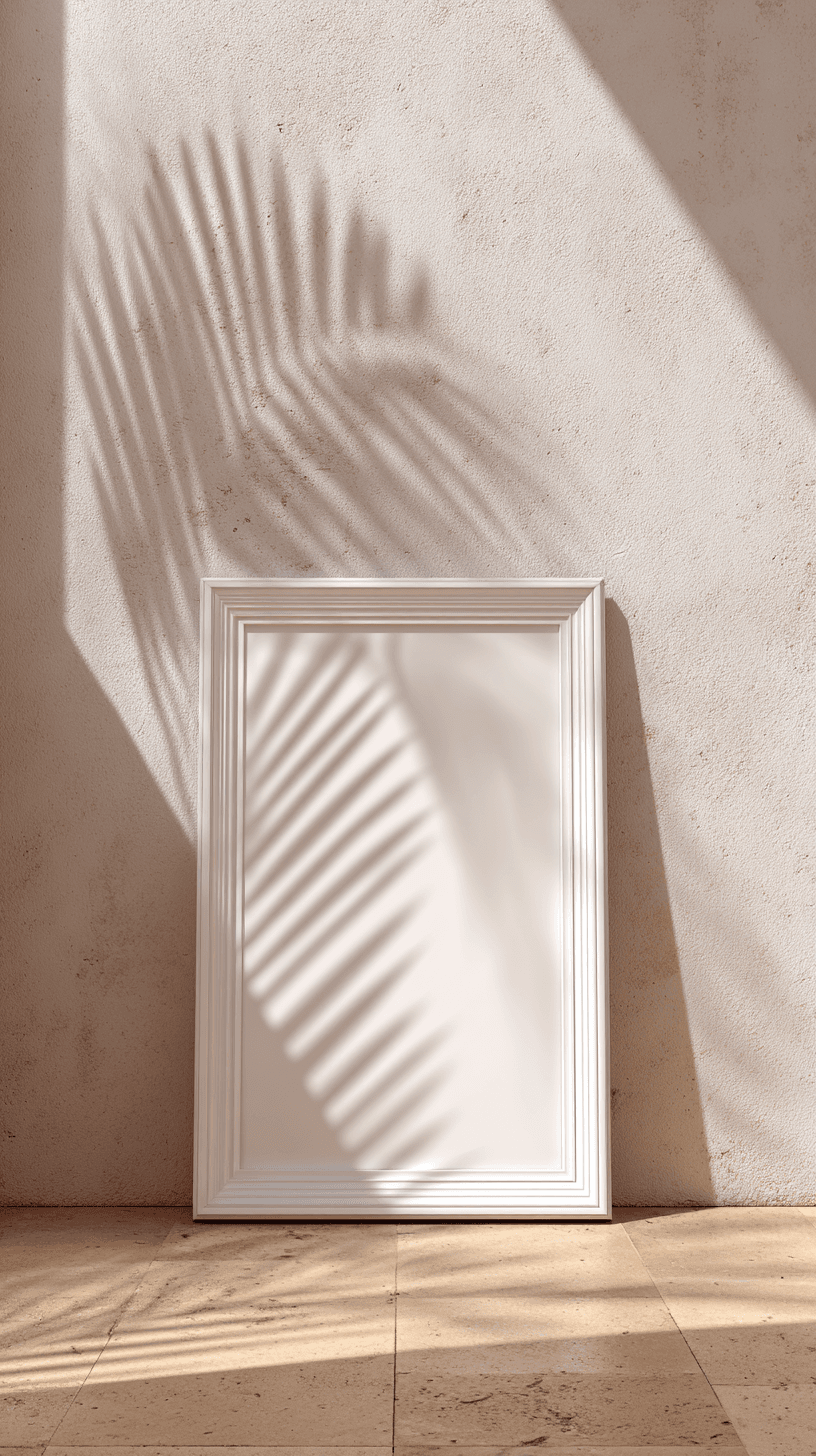 AI generated: product photography, cposter frame mockup, sunbeam from ceiling oculus casting light, white frame wi...