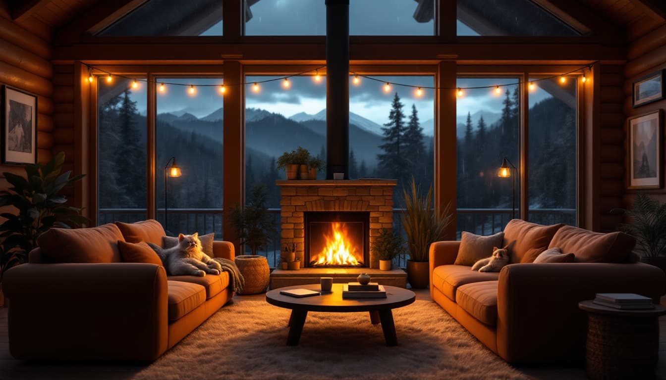AI generated: A cozy living room in a log cabin at night.  A large sectional sofa, upholstered in warm, muted oran...