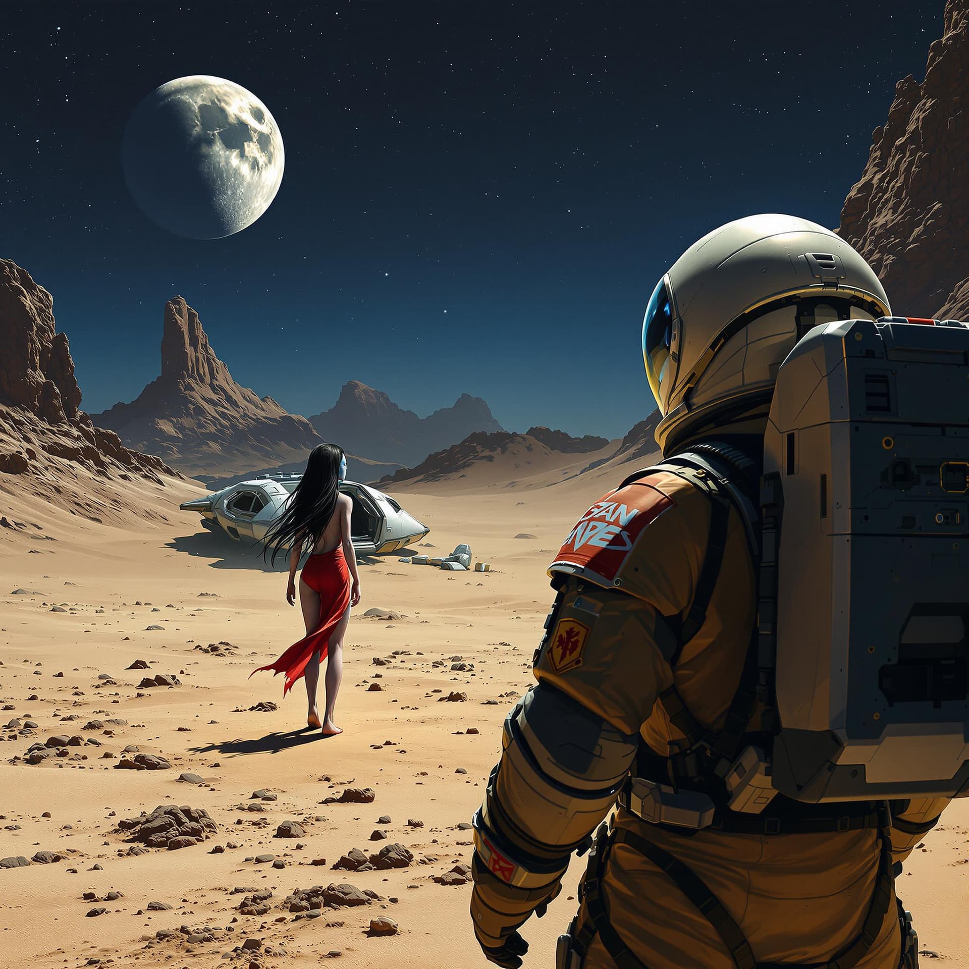 AI generated: An astronaut in a space suit seen from behind, on a desolate planet look a beautiful alien princess,...