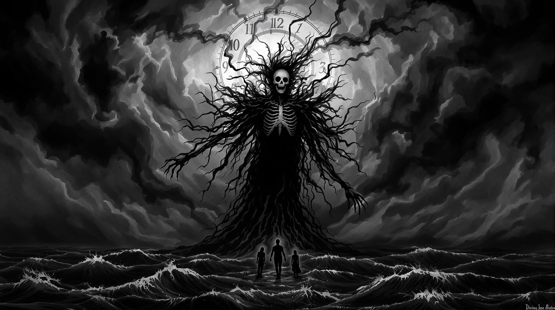 AI generated: The image depicts a hauntingly surreal scene in shades of black and white, filled with emotional int...