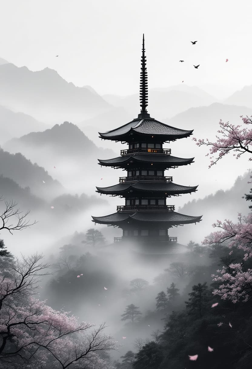 AI generated: Traditional Japanese pagoda standing tall in a foggy mountain valley, centered mid-range view. leave...