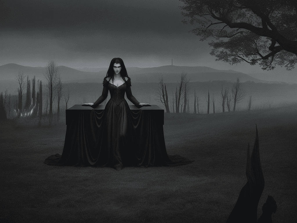 AI generated: The image depicts a dramatic and eerie scene, set against a wide, panoramic backdrop of dark and for...
