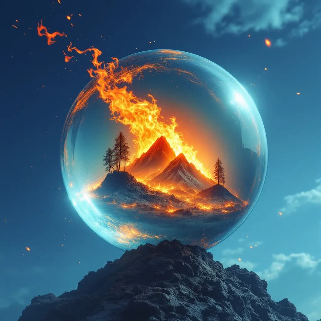 AI generated: glass orb set in a clear blue sky, inside orb is an extremely detailed planet on fire with mountains...