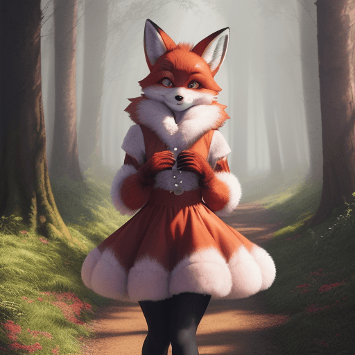 AI generated: furry art, uploaded on e621, furry, anthro, fox, walking, dress, tights, gloves, forest background, ...