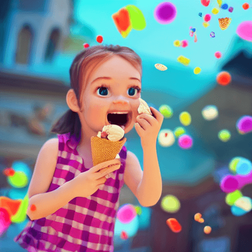 AI generated: cute, adorable, smiling girl eating ice cream, candies flying all around her, Pixar, disnet, cinema ...
