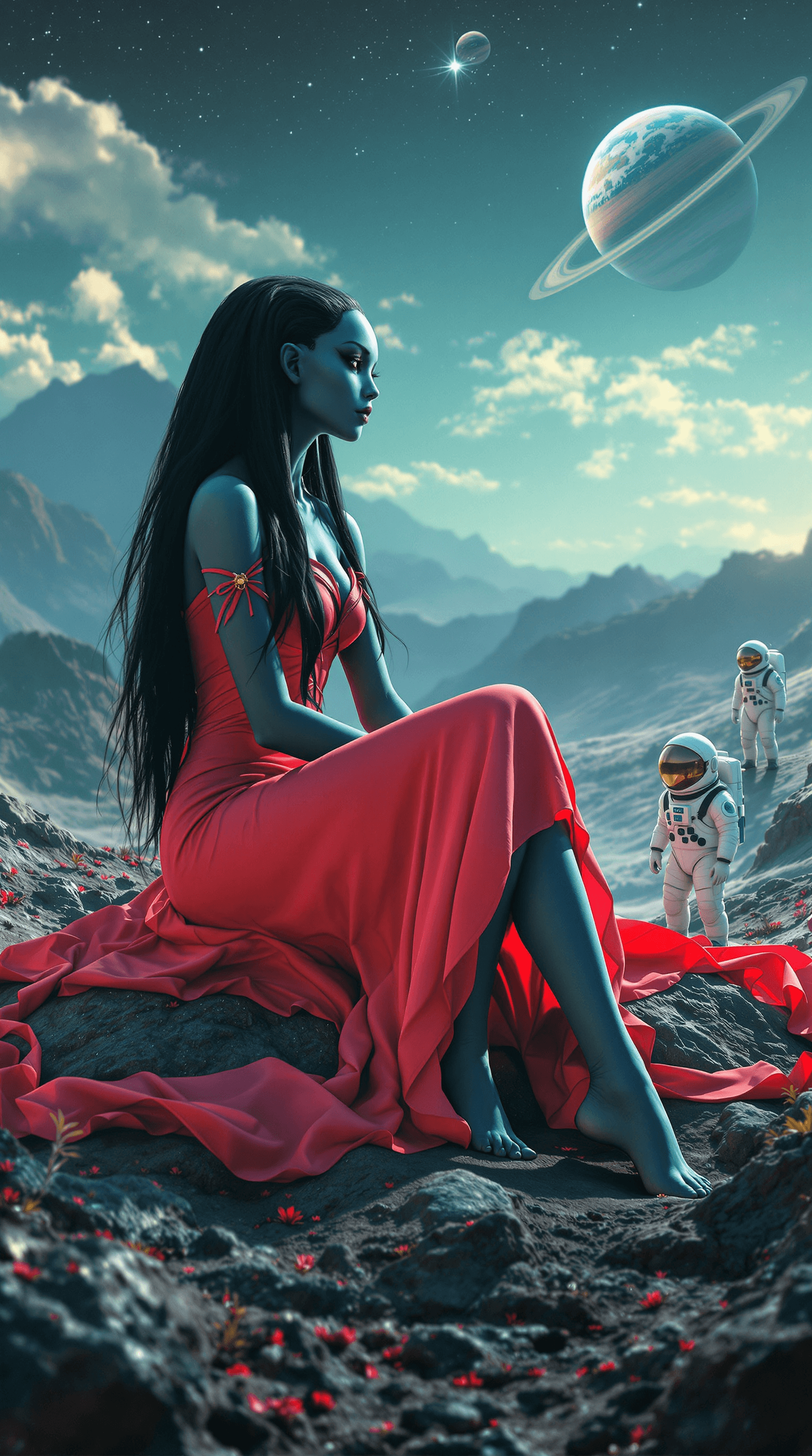 AI generated: full body view of a beautiful alien princess, long black hair, light red dress, sitting, dark blue s...