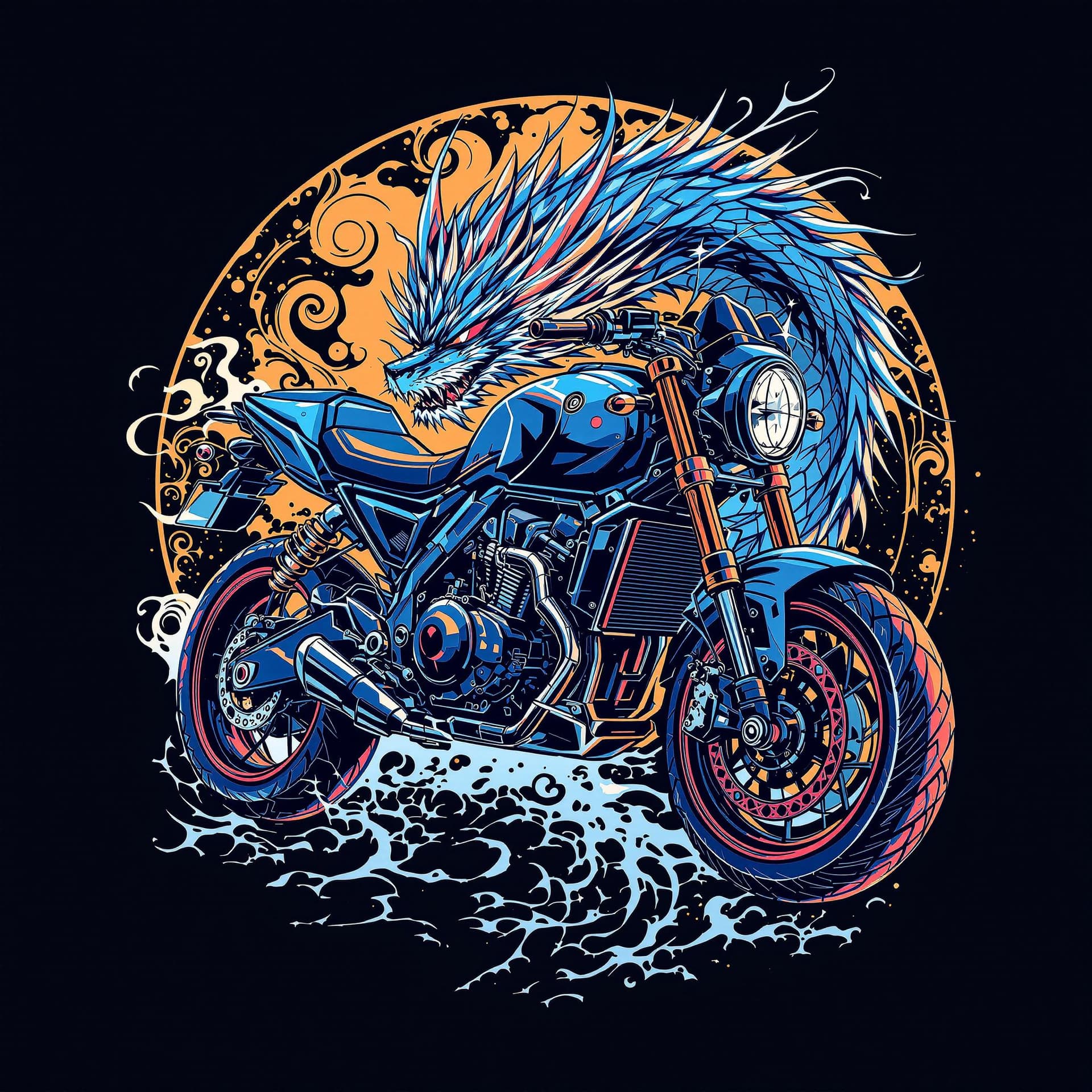 AI generated: Oriental blue dragón anime style design for motorcycle 