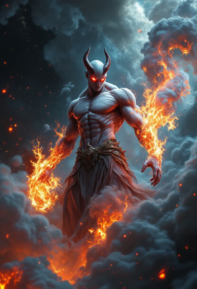 AI generated: God of Fire full-body, Etherial, muscular, Glowing red eyes, epic, cinematic, 8k, hyper detailed, ul...