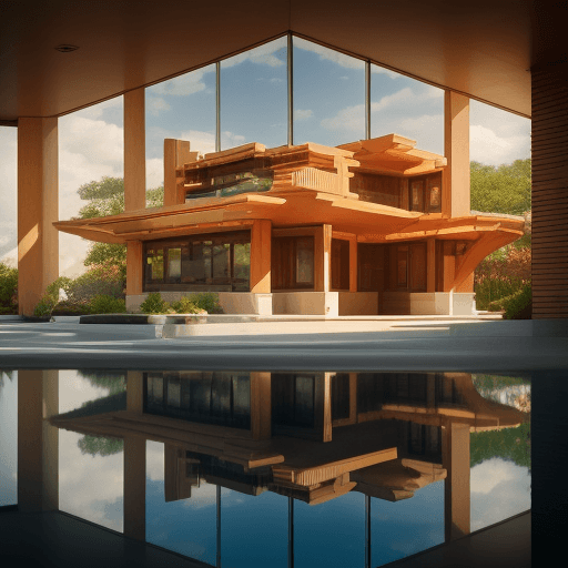 AI generated: one storey house in the style of frank lloyd wright, sunny day, in the style of light reflections, h...