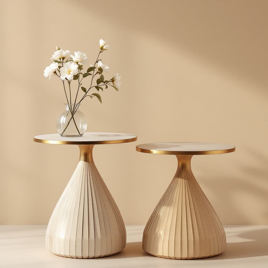 AI generated: aesthetic minimalistic metal beige tables for flowers. Tables should be in different high.
