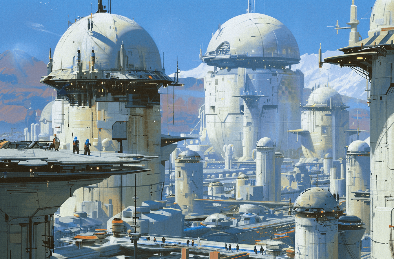 AI generated: concept art of an industrial city with large white domes and towers, blue sky, people on the roof, i...