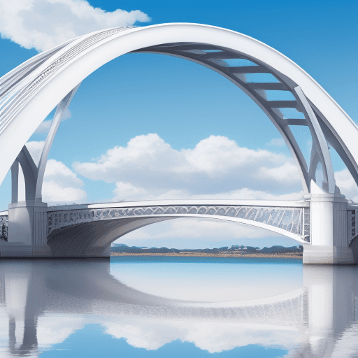 AI generated: huge white gold bridge beyond peace blue sky cloud background nothing else no green no railings




...