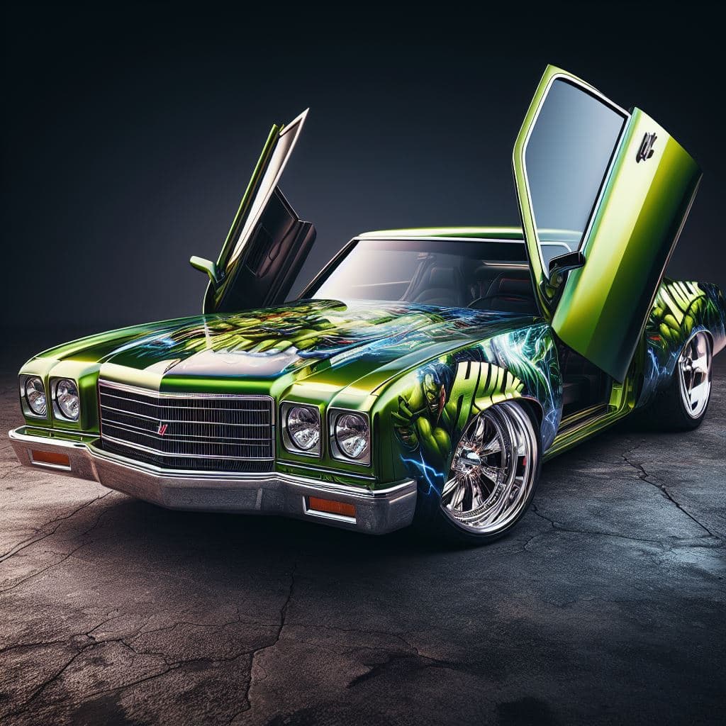 AI generated: A photorealistic image of a Classic Monte Carlo with a very realistic HULK graphics design paintjob ...