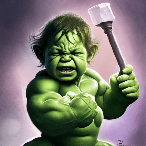 AI generated: baby dressed as hulk is holding a hammer, concept art by Jerry Eisenberg, , marvel comics, #vfxfrida...