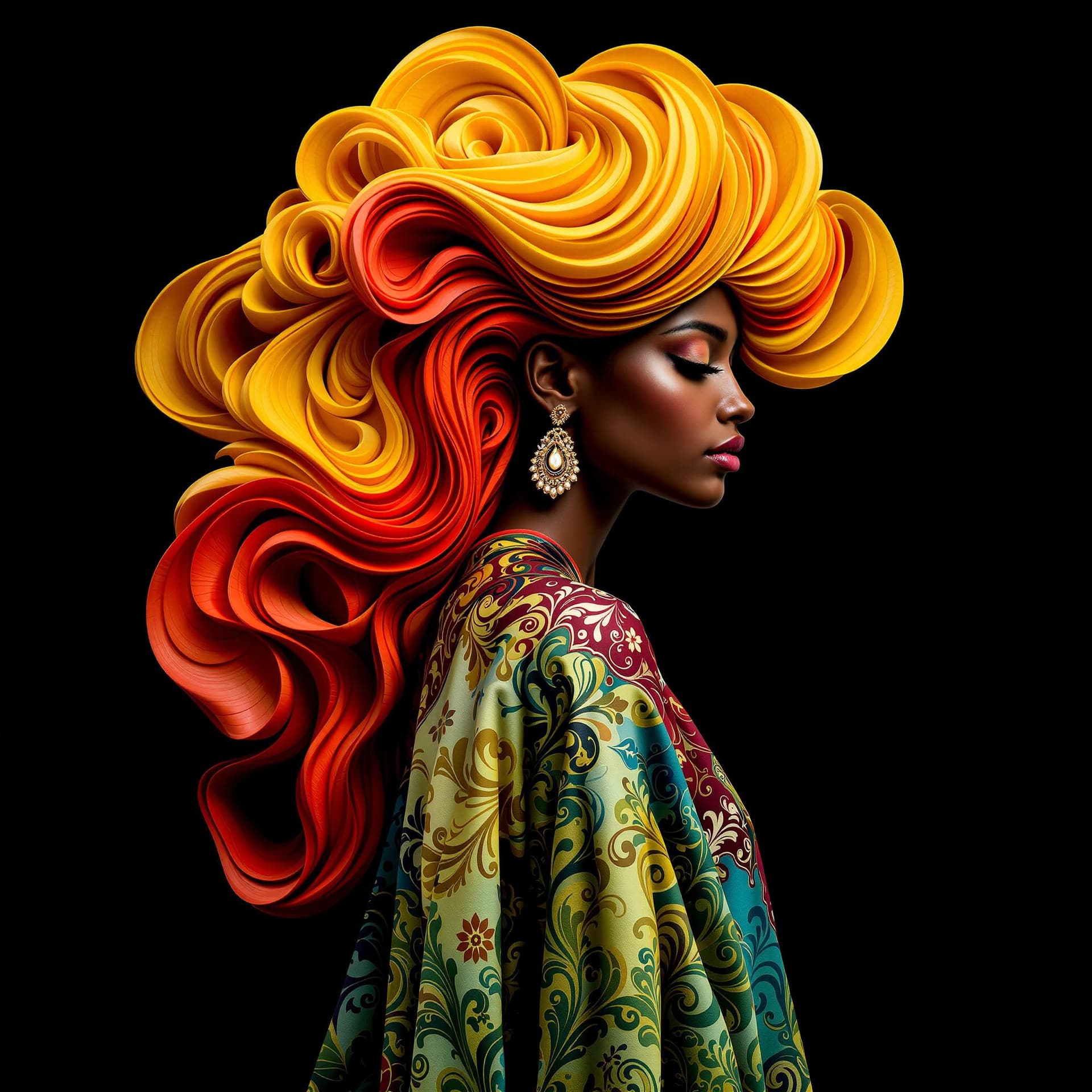 AI generated: Full body of an Indian woman, standing, turn around towards the camera, with a flowing, sculptural h...