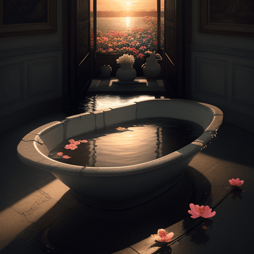 AI generated: Photo of feet in a basin with water and flowers, dramatic light, pale sunrise, cinematic lighting, d...