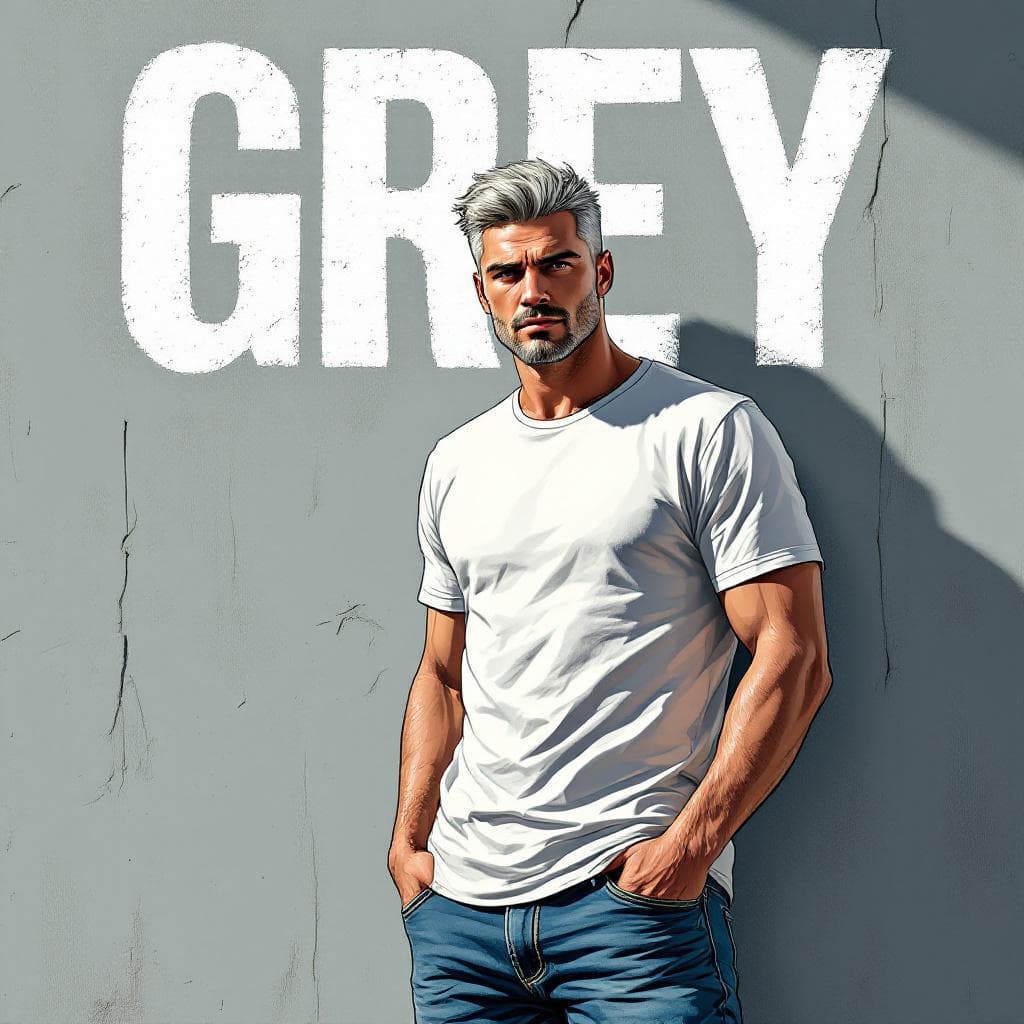 AI generated: Cartoon illustration, comic book cover featuring a handsome Caucasian man with burst-taper grey hair...