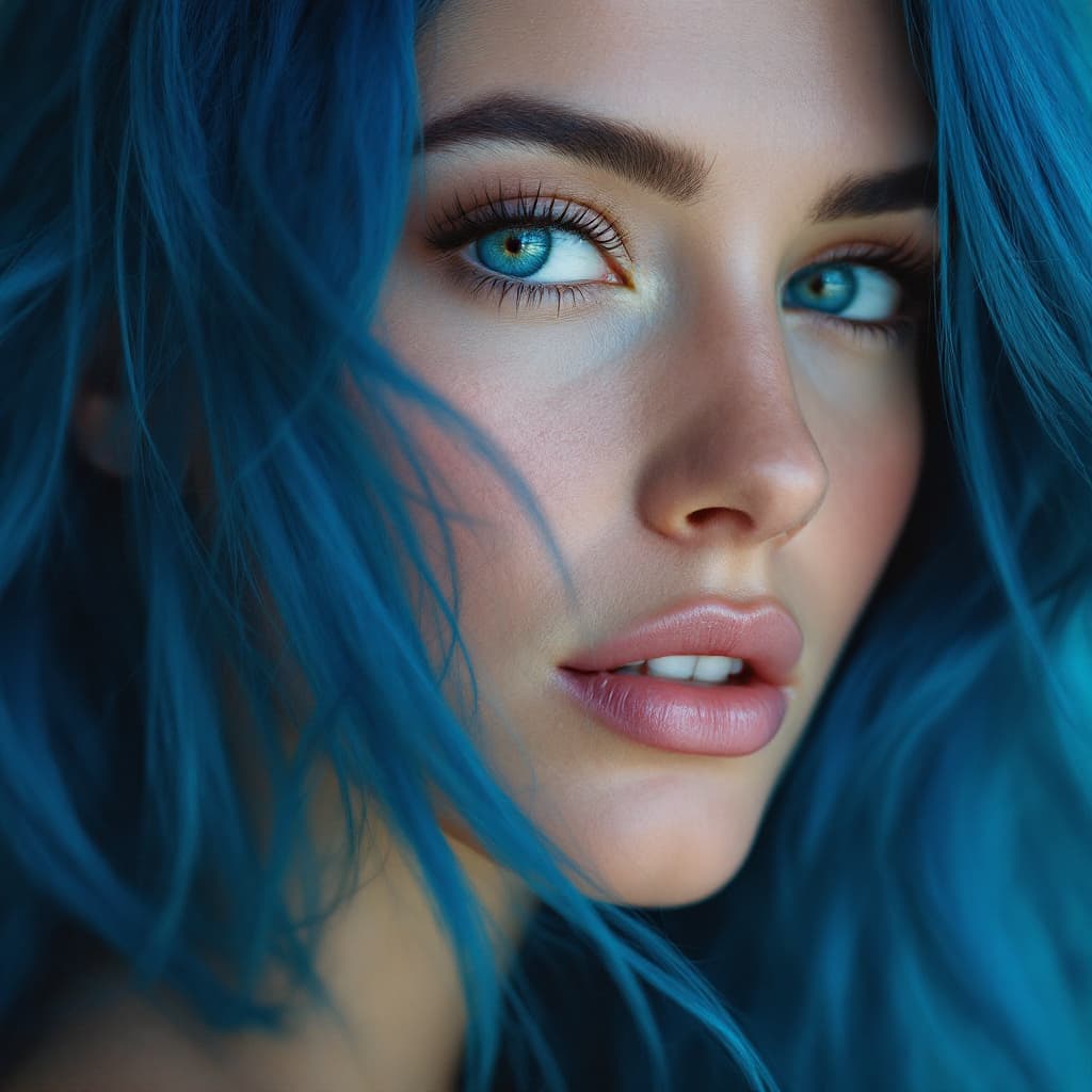 AI generated: A close-up portrait of a woman with vibrant blue hair