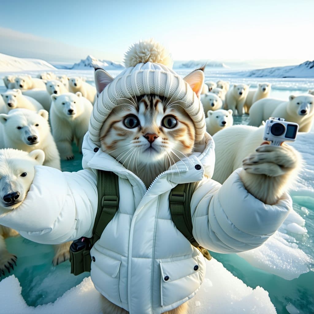 AI generated: anthropomorphic, a cat named  In the snow, there is an ice field with many polar bears standing on i...