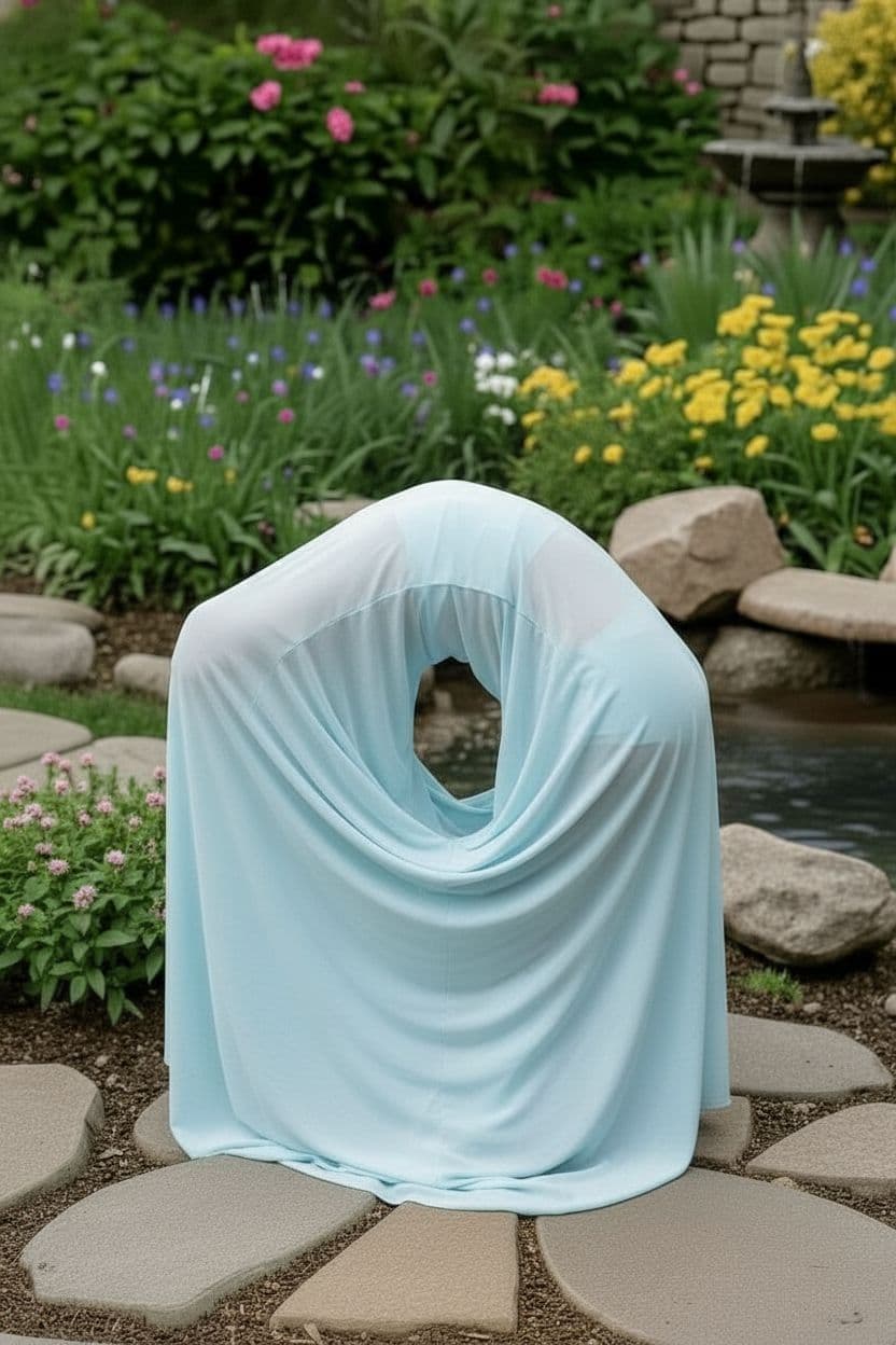 AI generated: The same image, seen from behind, but the woman is praying in a more arched posture.