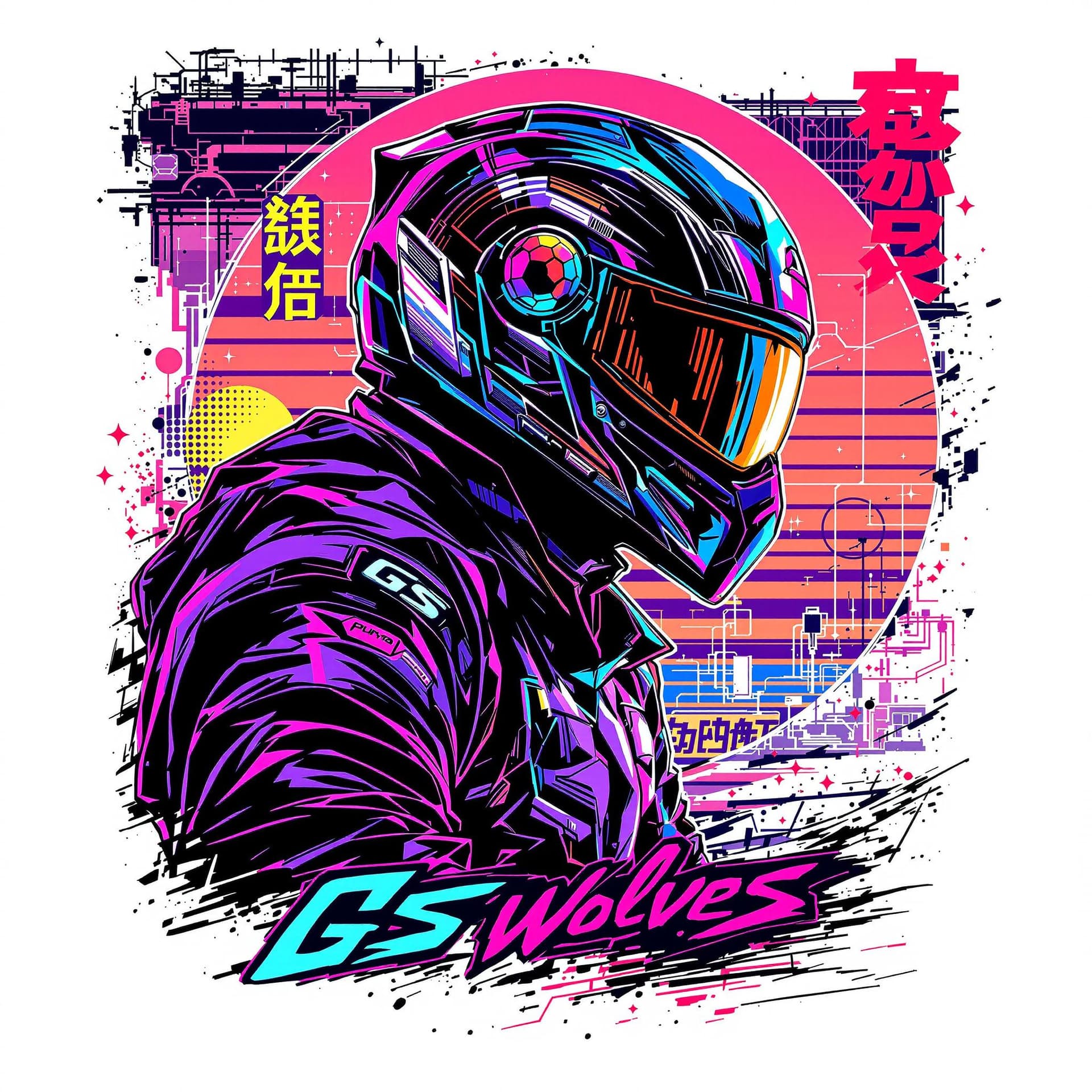 AI generated: vector t-shirt design ready to print, cyberpunk, illustration profile of a motocycle rider male, wea...
