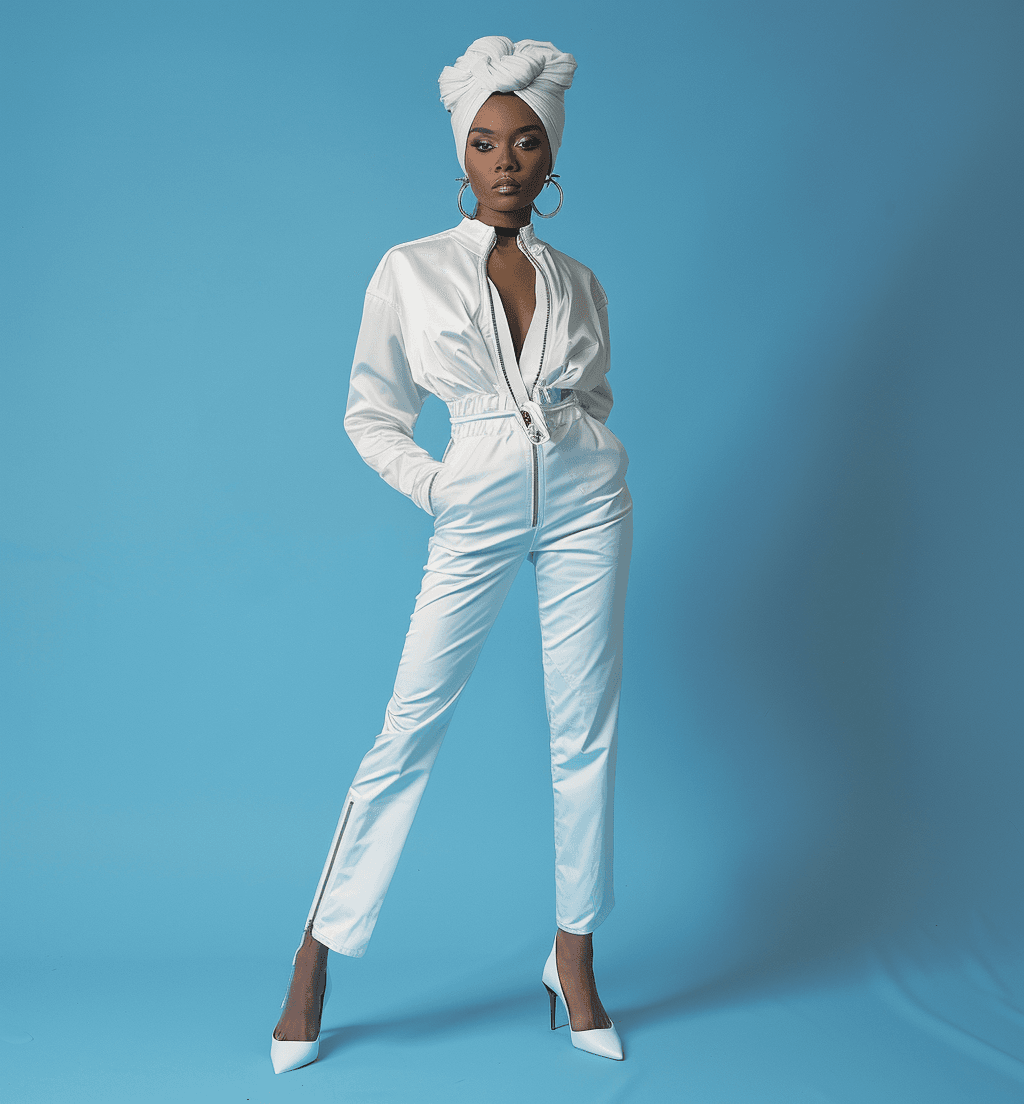AI generated: A full body photo of an attractive black woman wearing white, tight-fitting pants with a high waist ...