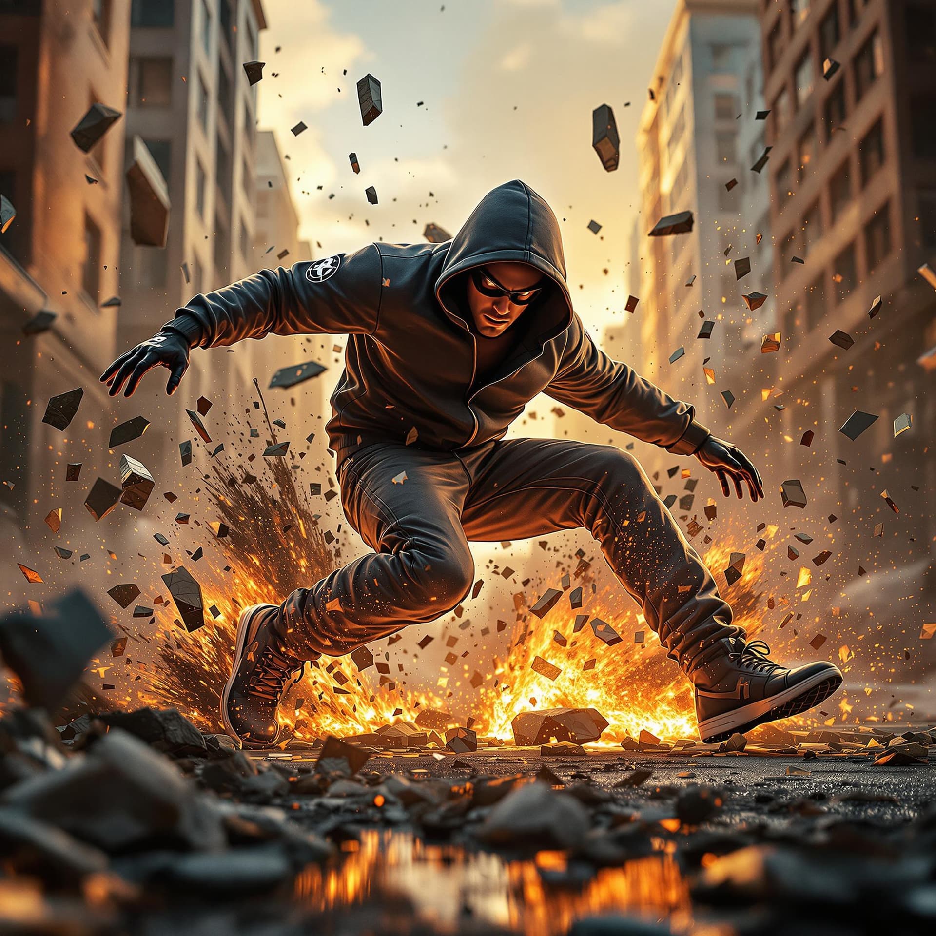AI generated: hip hop urban man in hoodie doing the superhero landing and the ground breaking into pieces from the...