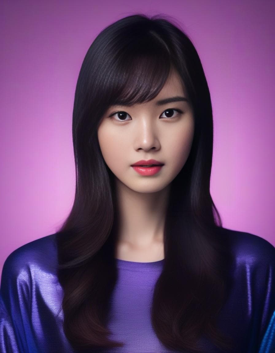 AI generated: Asian model, purple and blue background, black clothes --ar 9:16 --s 250